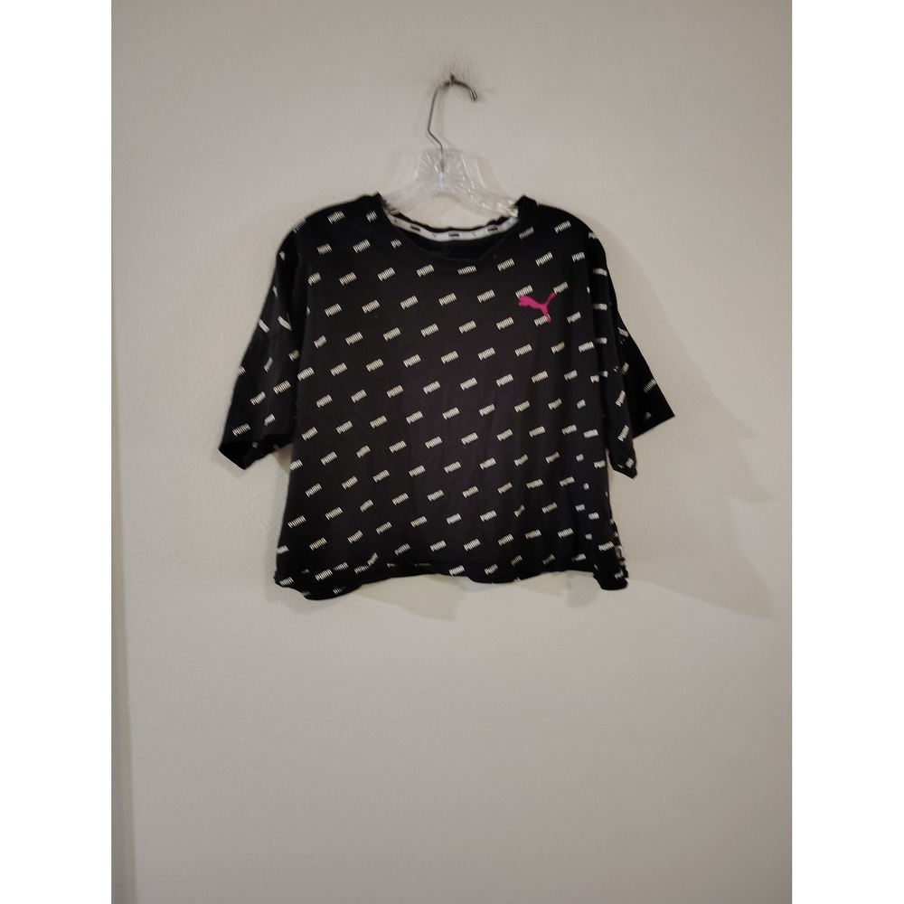 Puma Womens XL Black Logo Print Cropped T-Shirt Pink Embroidered Cat Logo Top